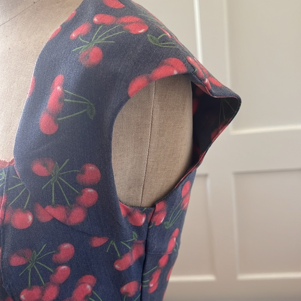 Bettie Page Las Vegas Blue Dress w Cherry Print and Pink Ribbons — Sz S - Picture 4 of 10